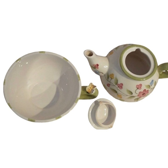 NIB HOME INTERIORS Tea for One Ceramic Floral Teapot & Cup Set w/ Butterfly Lid - Picture 4 of 9